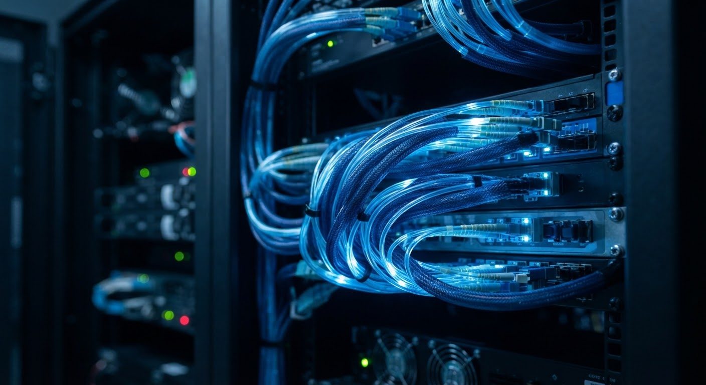 Macro shot of glowing fiber optic cables inside a server rack